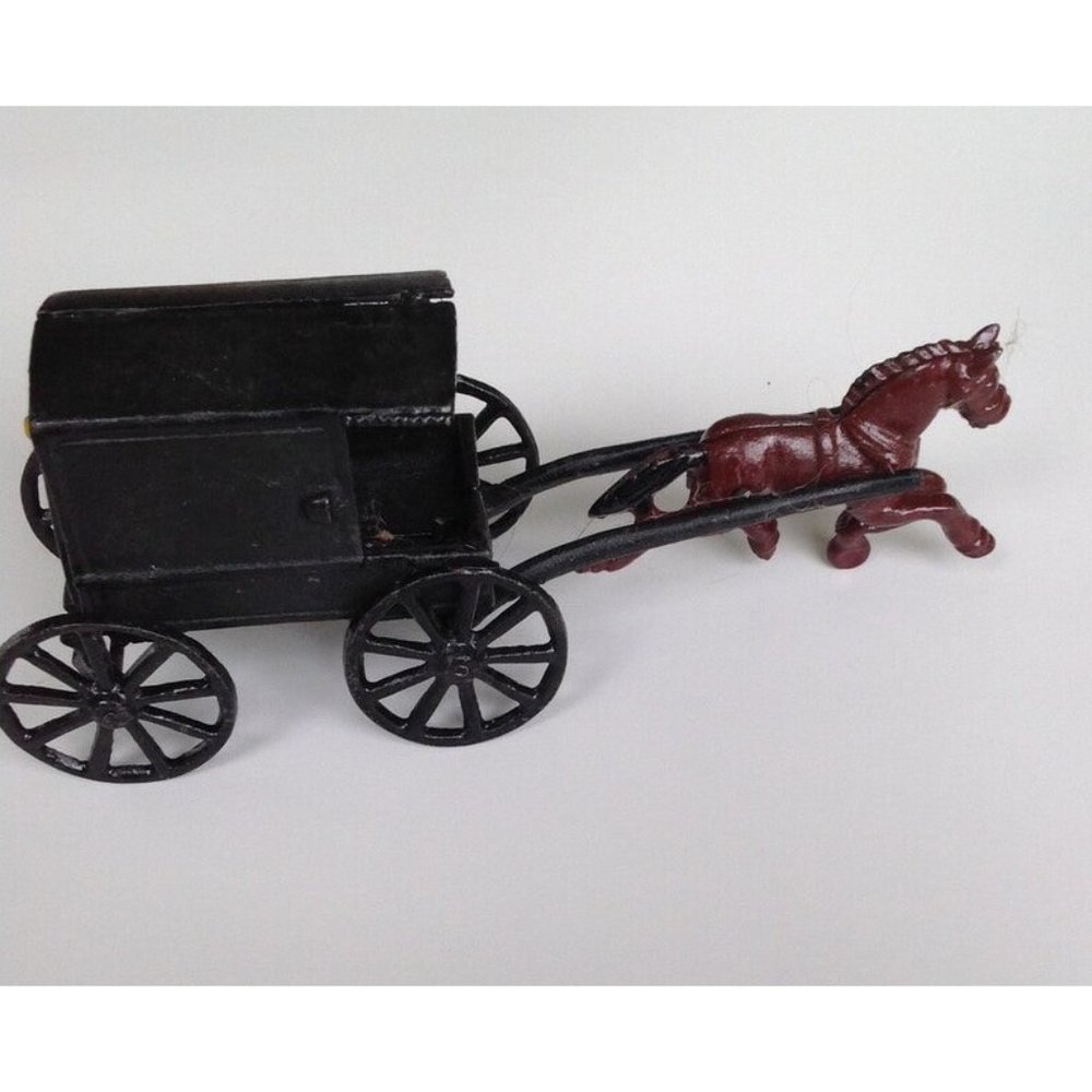 Vintage Price Brothers Black Cast Iron Horse Drawn Horse and Buggy In box
